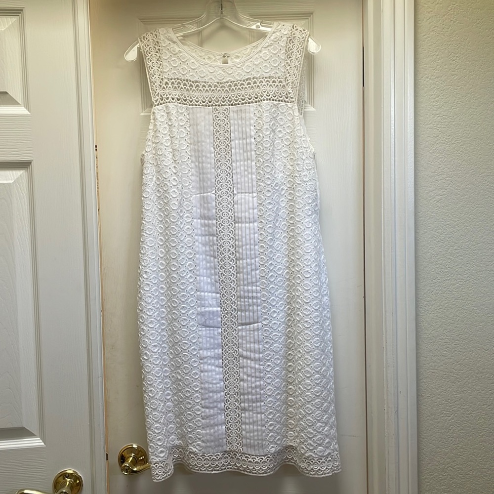 Adrianna Papell size 14 white lace, eyelet and pleated cotton sheath dress